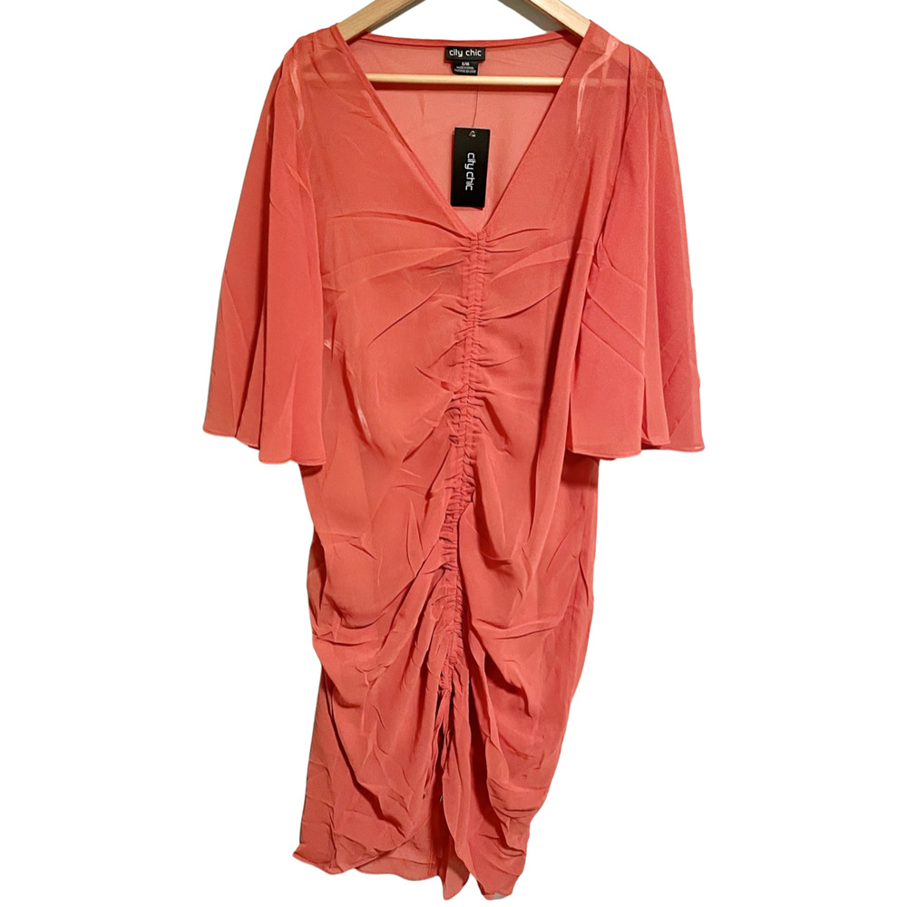 City Chic Drawn Up Ruched Red Chiffon Dress BRAND NEW Semi Sheer Size 16